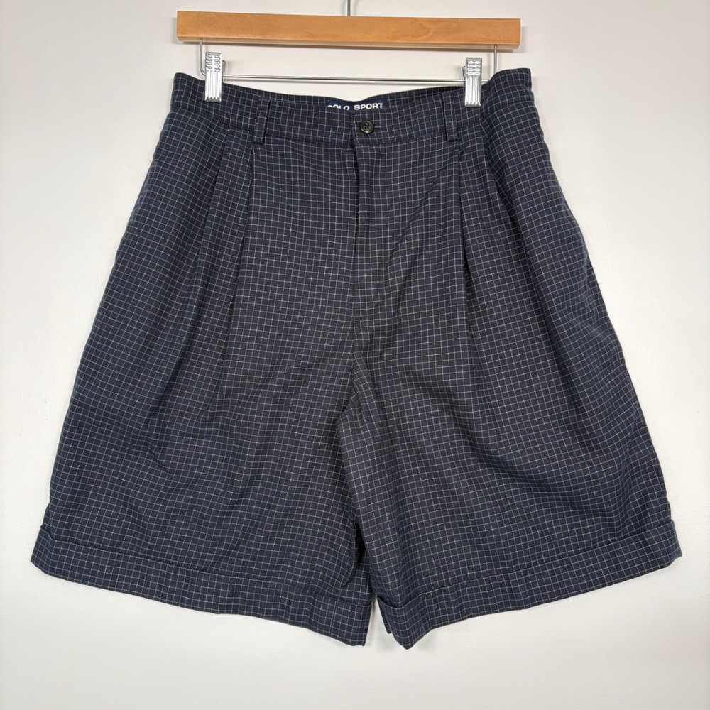 Polo Sport Women Shorts 12 Blue Grid Pleated‎ Cuffed Cotton High Rise Vintage